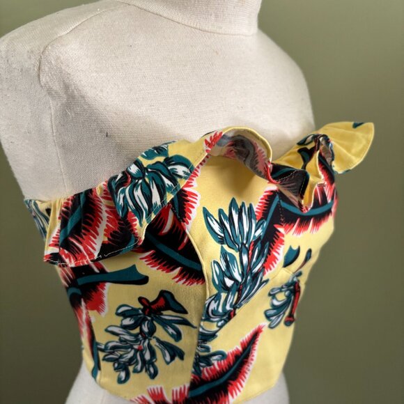Dixiefied by Pinup Girl Couture Tiki Print Vintage Bustier Ruffle Top Size SMALL - Picture 2 of 11